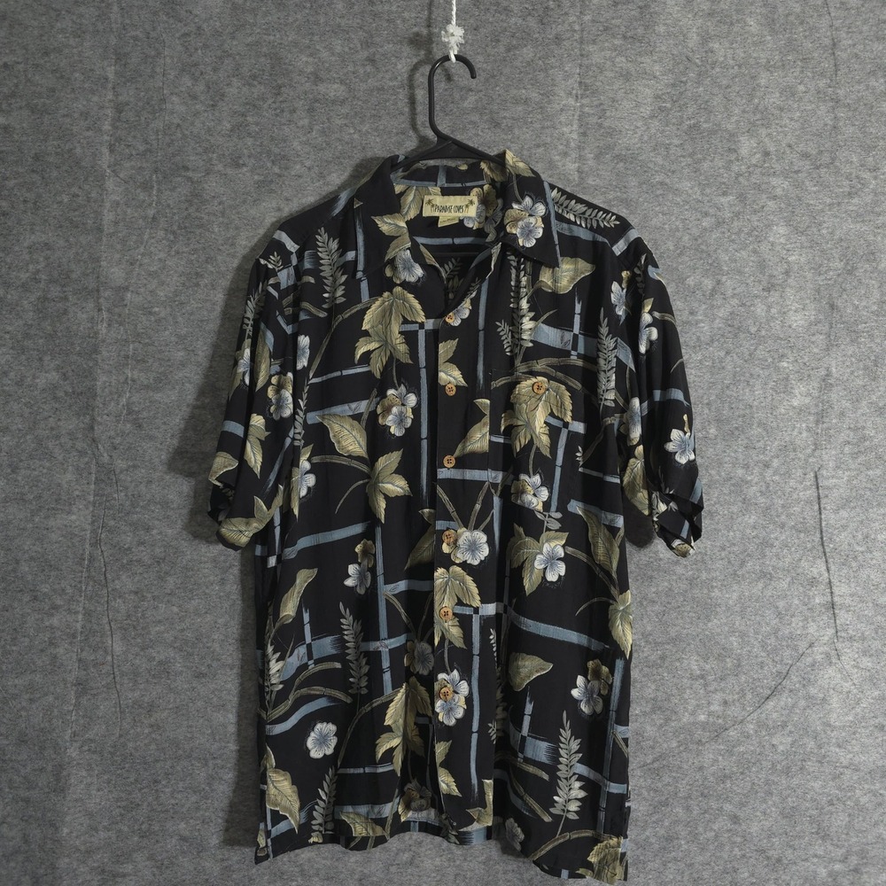 Paradise Coves Silk Hawaiian Shirt Mens M Floral Bamboo Print Black
